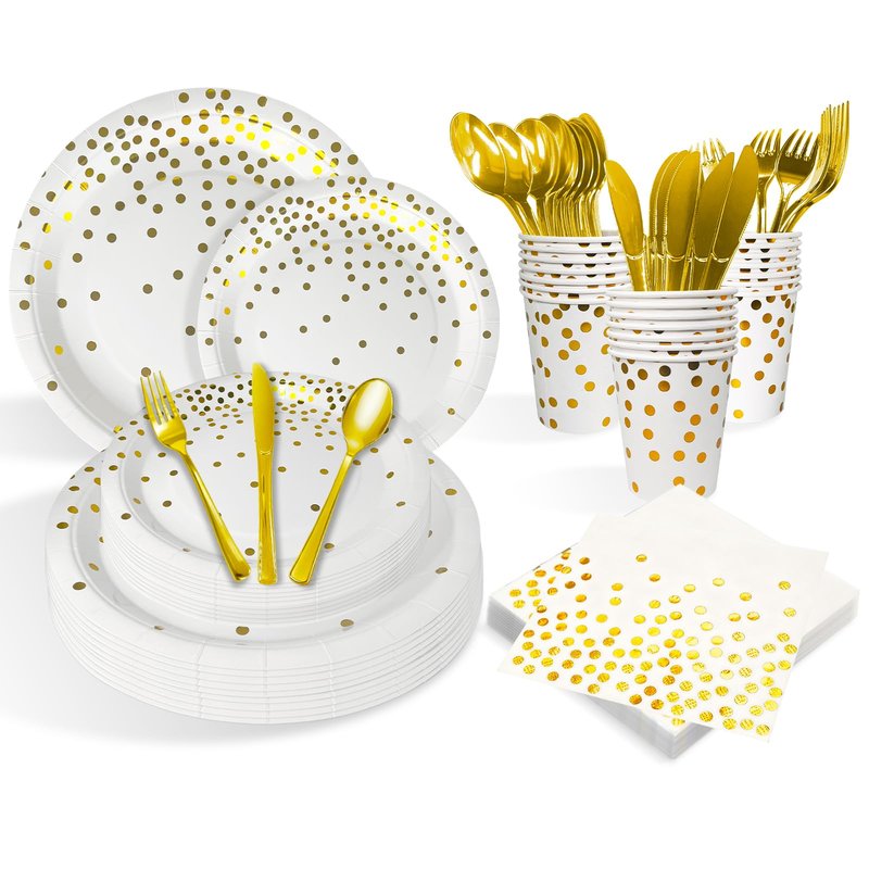 175 PCS White and Gold Paper Plates and Utensils Set Party for 25 Guests Disposable Party Decorations Golden Dinnerware Plates Cups Napkins Forks Knives Spoons for Wedding,Birthday and Party.