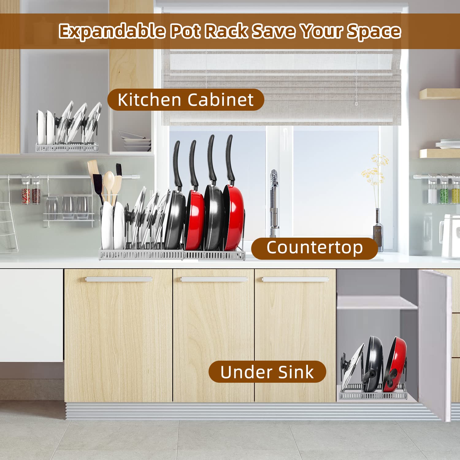 ROOHUA Pot Rack Organizer -Expandable Pot and Pan Organizer for Cabinet,Pot Lid Organizer Holder with 10 Adjustable Compartment for Kitchen Cabinet Cookware Baking Frying Rack
