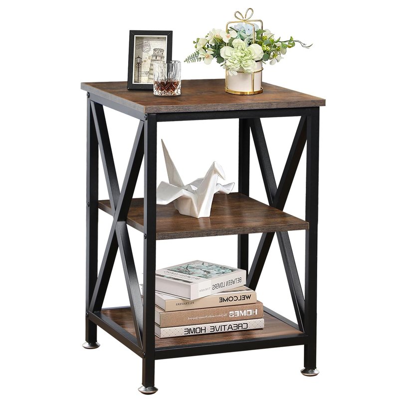 TooCust Square End Table with Storage Shelf, 16" D X 16" W X 24" H, 3-Tier End Table Living Room, Rustic Brown End Tables, X-Shaped Night Stand for Bedroom, Farmhouse Wood End Tables