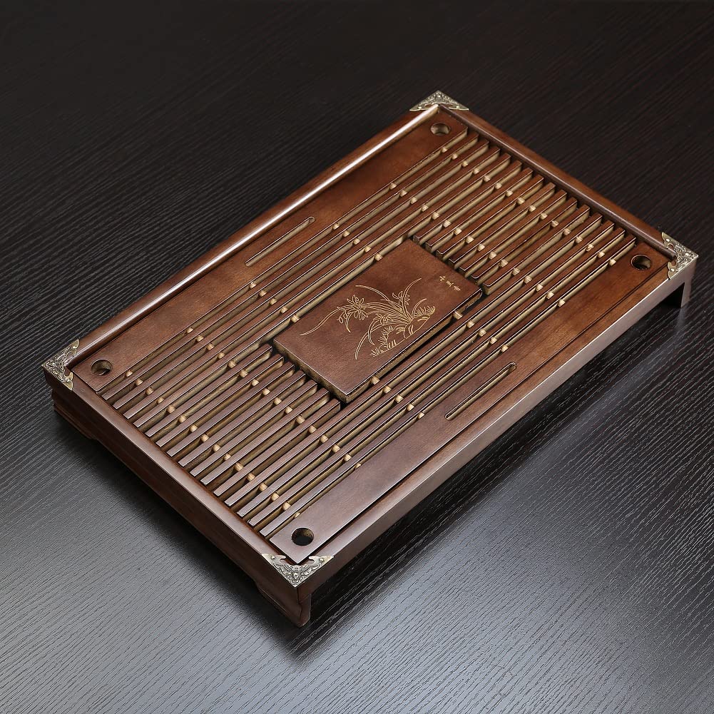 RORA Bamboo Tea Tray Chinese Gongfu Tea Serving Tray with Drawer Type Water Storage Drainage Kungfu Tea Set Table (Brown)