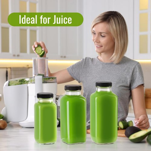 Miukada Glass Juice Bottles with Lids 12 oz, Reusable Glass Bottles 6 pcs, Square Juice Jars, Drink Containers with Caps for Smoothies, Kombucha, Beverages