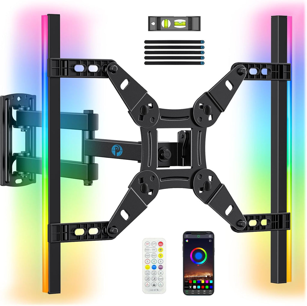 Pipishell Full Motion TV Wall Mount - LED Light & Music Sync for 13"-43" TVs, Max VESA 200x200mm