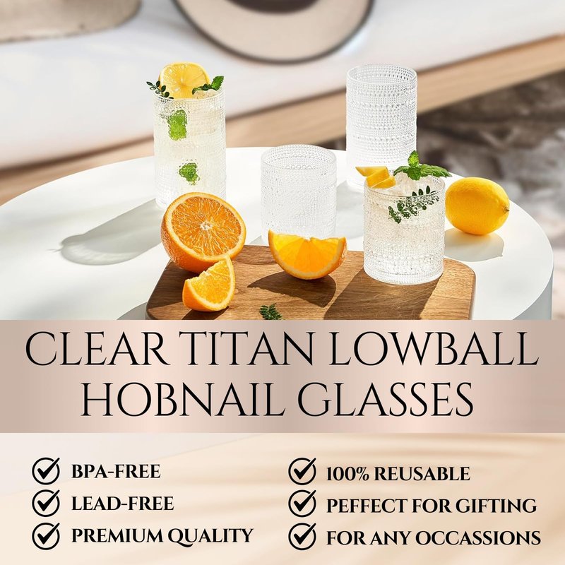 Plastic Hobnail Drinking Glasses Set of 6 Tritan Lowball Cups 14oz, Shatterproof & Unbreakable Acrylic Beaded Design, BPA-Free, Dishwasher Safe Indoor/Outdoor Drinkware for Water, Juice, Cocktails