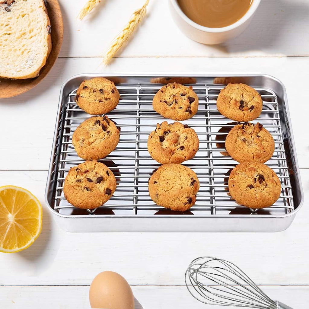 Wildone Baking Sheet Set - Stainless Steel Cookie Pans with Cooling Racks | 2 Sheets & 2 Racks, 9 x 7 x 1 Inch, Non-Toxic & Easy to Clean