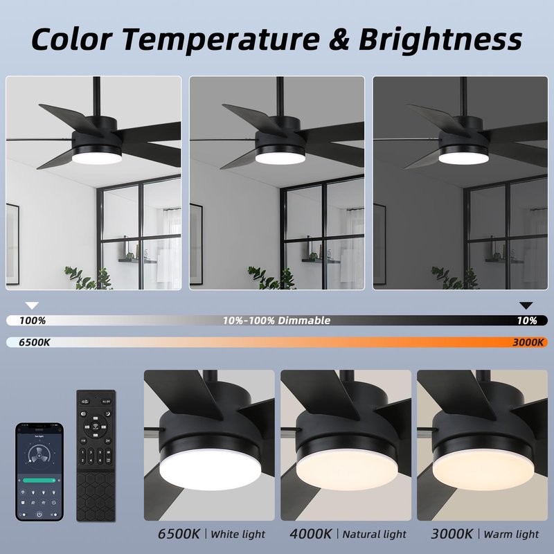 YYEHON 42 inch Ceiling Fans with Lights,Black Ceiling Fan with Light and Remote Control, Reversible, 3CCT, Dimmable, Noiseless, Small Ceiling Fan for Bedroom, Farmhouse, Indoor/Outdoor Use