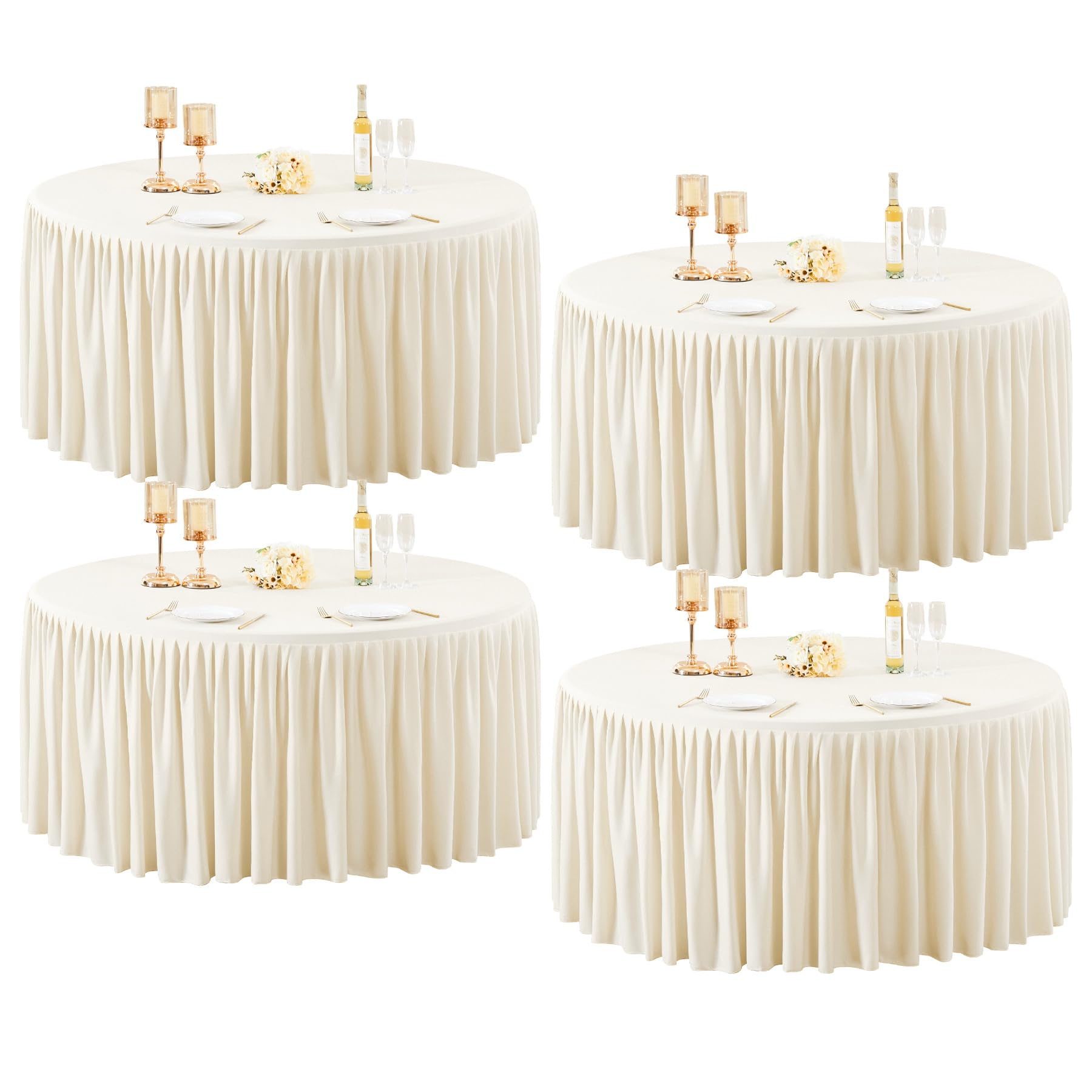 60Inch Ivory Round Tablecloth,4 Pack Wrinkle Resistant 5ft Spandex Tablecloth,Washable Stretchy Polyester Table Cloth Round Cover for Dining Table,Wedding,Reception Banquet, Birthday Party, Buffet