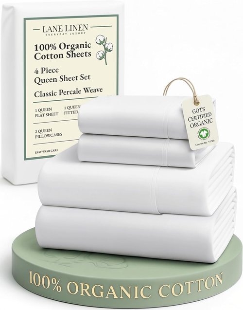 Lane Linen Organic Cotton Queen Sheet Set - Eco-Friendly, Soft & Comfy, 15" Deep Pocket - White