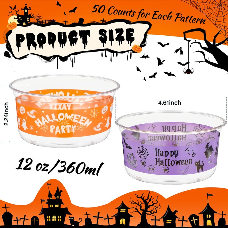SiliFine 100 Pcs Halloween Candy Bowls 12 oz Plastic Clear Bowls Bulk Disposable Halloween Party Serving Dishes for Fruit, Candy, Desserts, Snacks, Soup, Salads, Parfaits
