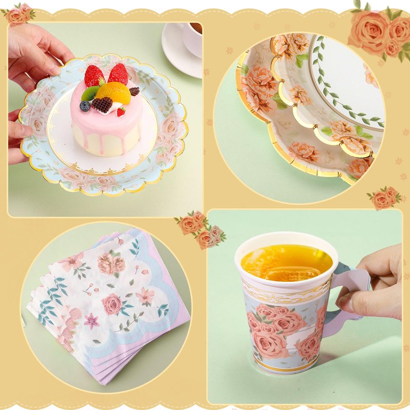 Yungyan 108 Pcs Tea Party Plates and Napkins Sets Serve 36 Guests Floral Disposable Tea Party Supplies Paper 6" Plates and Napkins and 9 oz Cups with Handle for Garden Spring Birthday Wedding