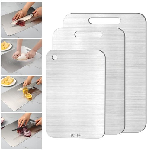 3PCS Stainless Steel Cutting Board Set, 304 Metal Kitchen Cutting Boards Non Toxic with Burr-Free Edges, Dishwasher Safe Non-Staining & Odor-Free for Meat, Vegetables, Fruits (S+M+L)