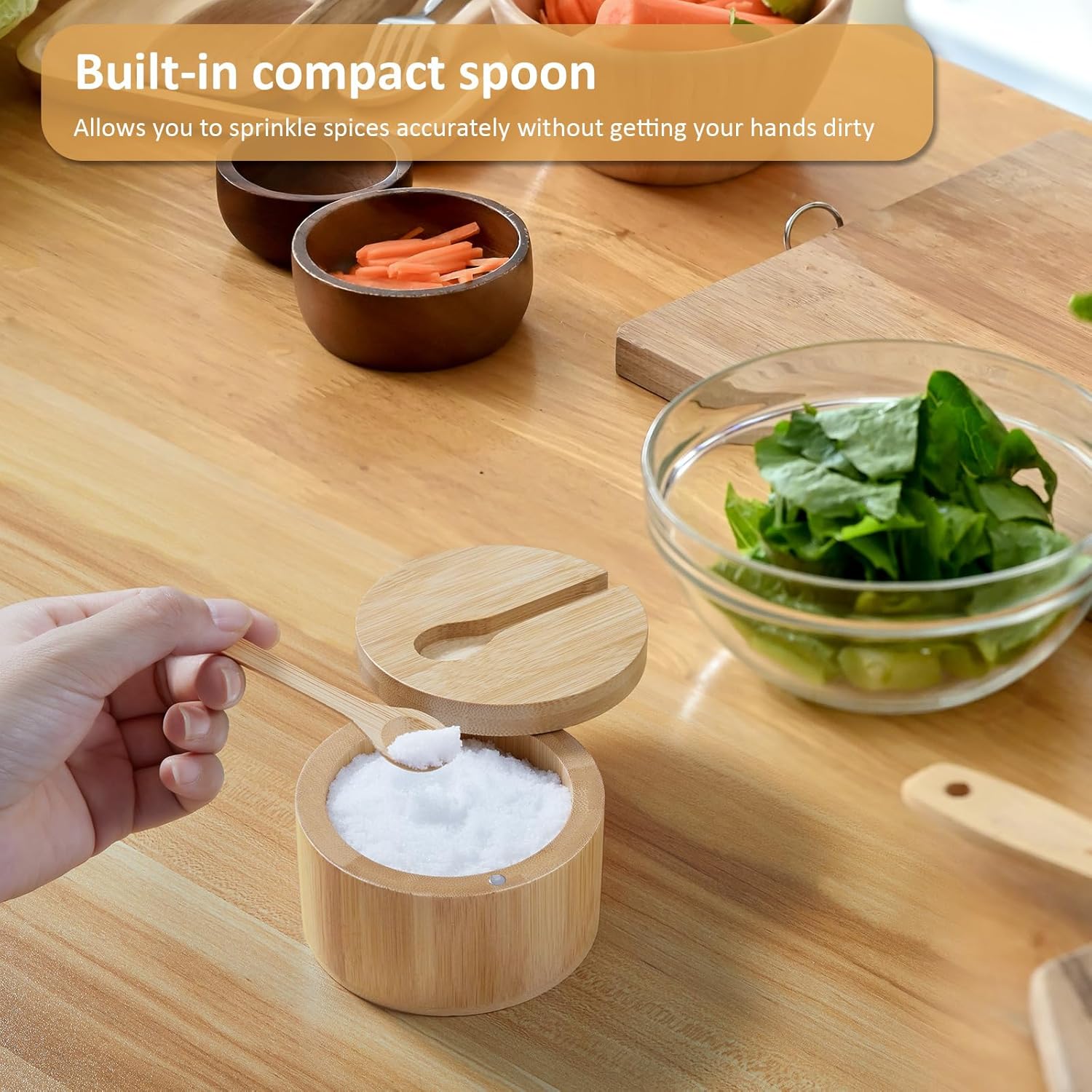 OUTNILI Bamboo Salt Box Bowl with Lid & Spoon - 360° Swivel Salt Cellar for Sea Salt & Herbs, 7 Ounce