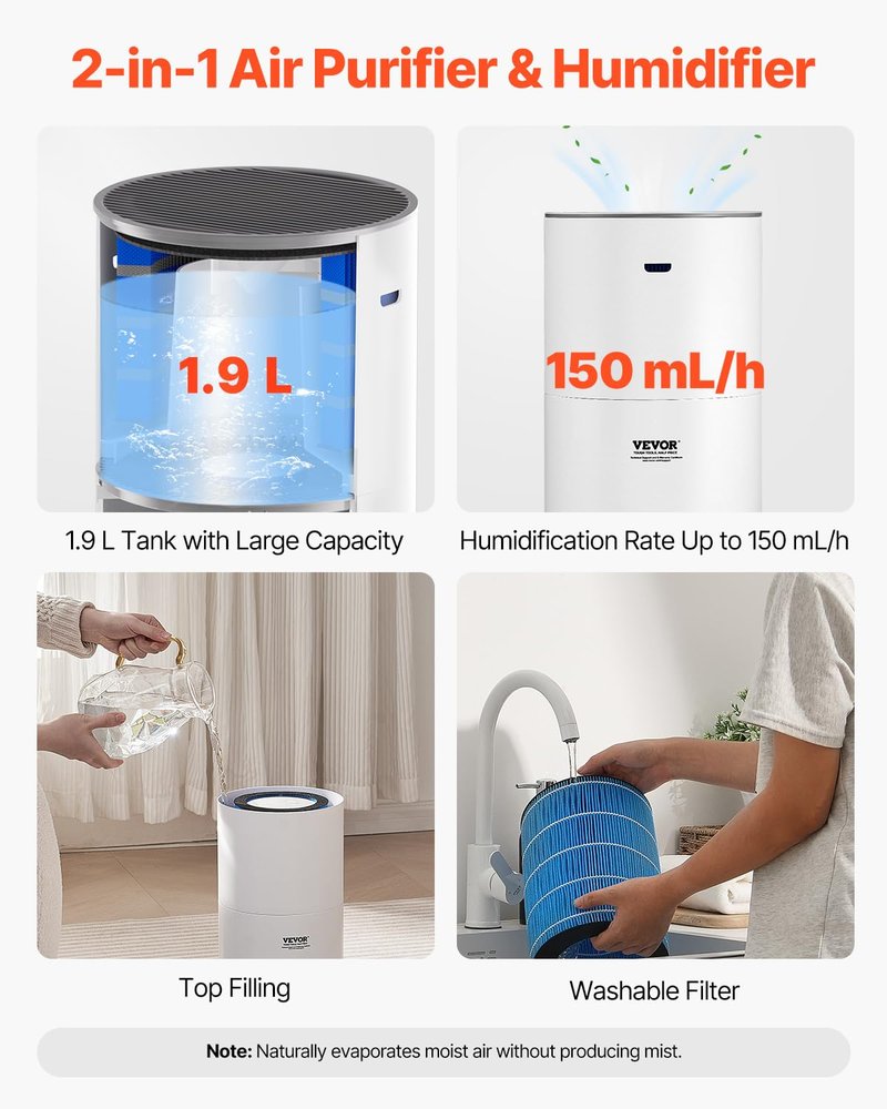 VEVOR 2 in 1 Air Purifier with Humidifier, Covers Up to 1090 ft² in One Hour, True HEPA 11 Filter, 22dB Quiet, Filters Up to 95% of Smoke, Dust, Pet Dander, Air Cleaner for Home, Large Room, Bedroom