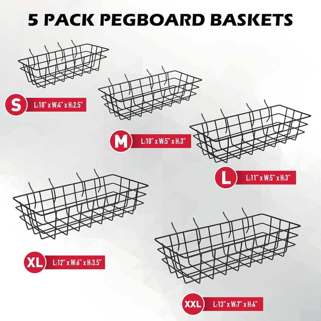 Premium Black Metal Wire Baskets by Pegboard - Heavy-Duty 5-Piece Organizer Set for Garage & Craft Room