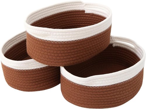 JMvicyroam Woven Storage Baskets - Small Rope Bins with Handles for Organizing | White & Brown, 3-Pack