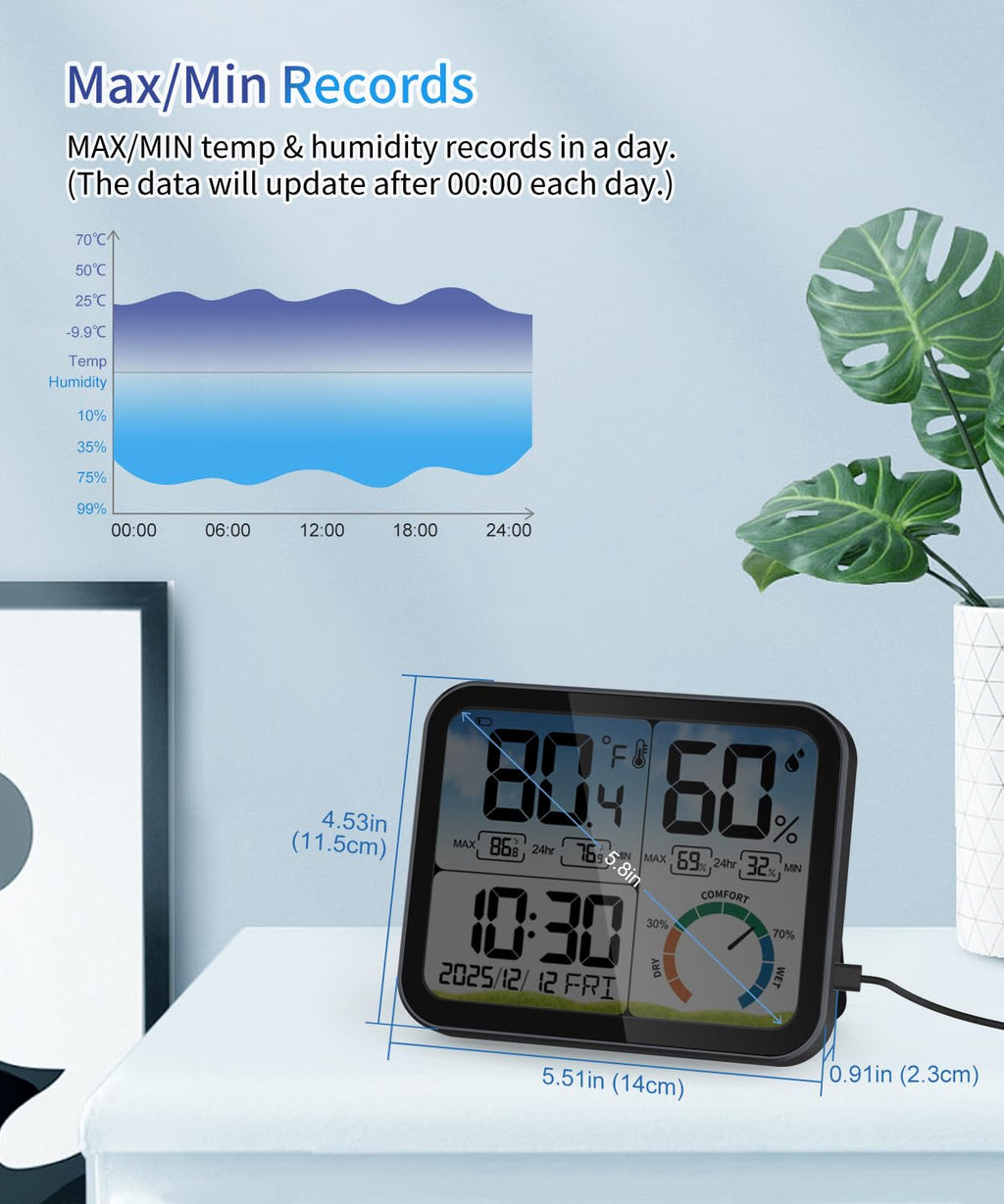 VOCOO Digital Indoor Thermometer - 5.8'' Large Display Temperature & Humidity Sensor with Accurate Readings, Backlit, Date & Clock