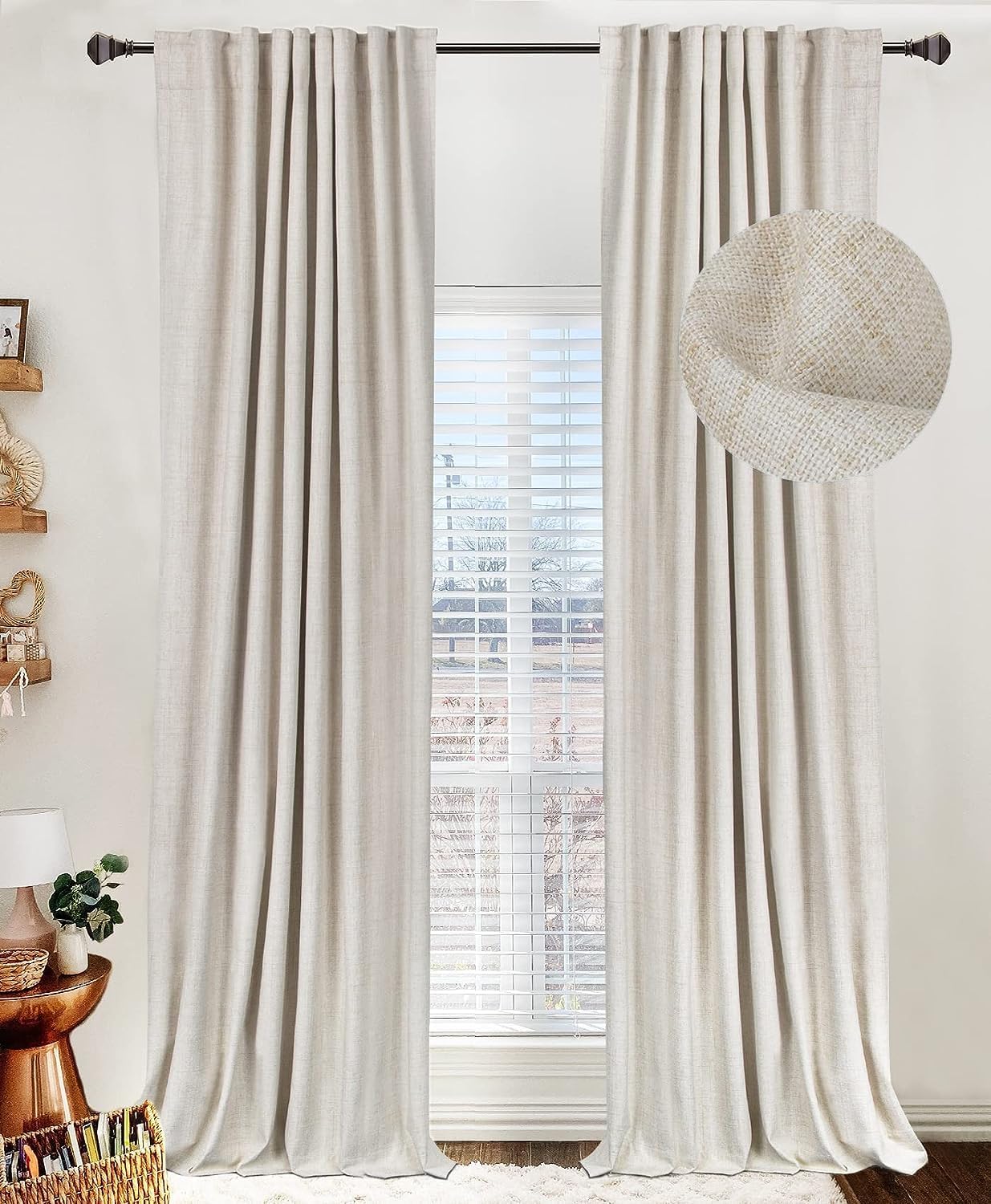 Skiennix 100% Blackout Linen Curtains - Thermal Insulated Drapes for Bedroom | 50" W x 108" L, Cream