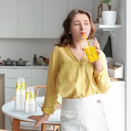 Kochorie 300 Pieces Lemon Plastic Disposable Cups with Lids and Straws 16 Ounce Lemon Hawaiian Luau Party Plastic Cups Clear Summer Tropical Party Cups Fruit Cold Cups for Lemonade Juice Water