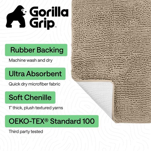 GORILLA GRIP Bath Rug Mat - Thick Absorbent Chenille | Quick-Dry Microfiber 36x24 Gray Beige