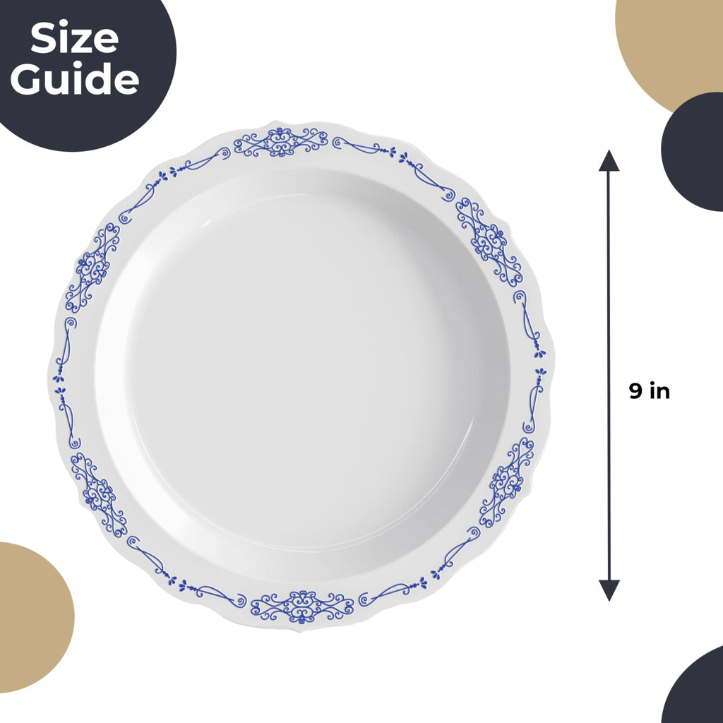 Exquisite Victorian Plastic Plates - 60 Piece Disposable Party Set for 60 Guests - 60 x 9 inch Dessert Plates - Heavy Duty White & Navy