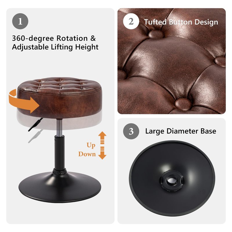 Furnibetter Velvet Tufted Makeup Chair, 360° Swivel Adjustable Vanity Chair Ottoman Stool Vanity Stool for Bedroom Modern Accent Chairs Big Size Stools for Living Room Bathroom, PU, Darkbrown