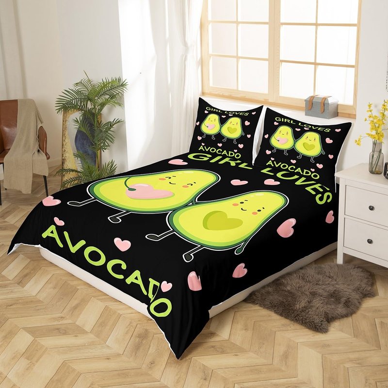 Girls Avocado Bedding Set Kids Cute Cartoon Avocado Duvet Cover for Children Women Bedroom Green Fresh Fruit Decor Comforter Cover Set Avocado Lover Bedspread Cover King Size with 2 Pillow Case