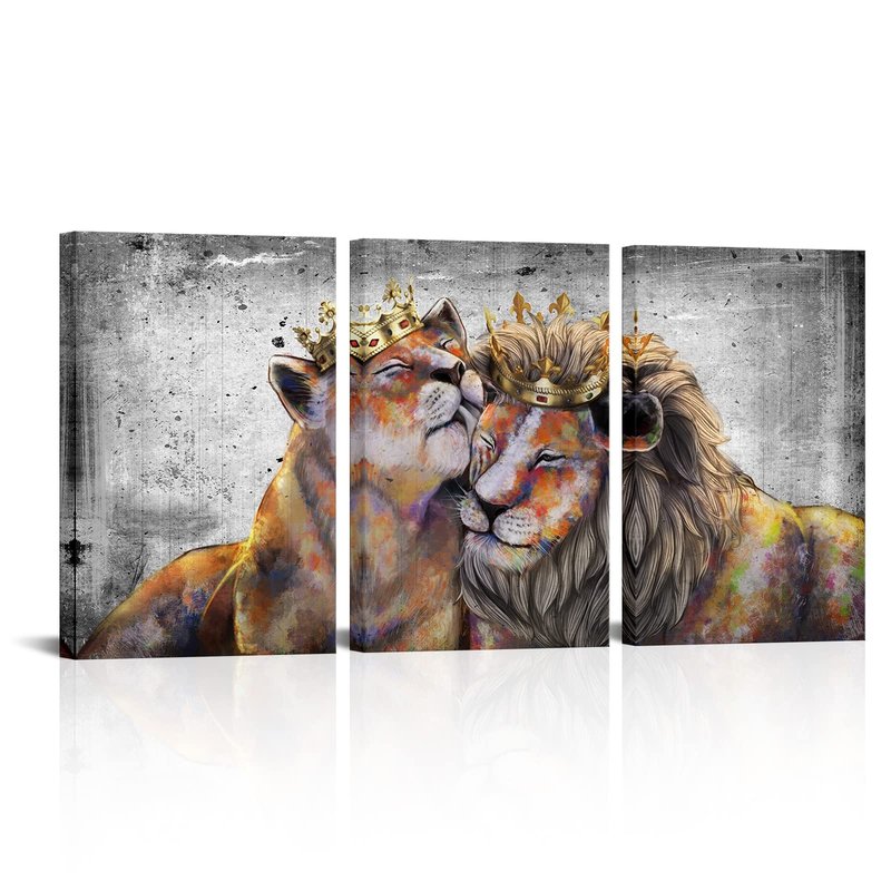 VANSEEING 3 Pieces Animal King Queen Canvas Wall Art Lion and Lioness with Crown Grey and Gold Romantic Couple Artwork for Bedroom Modern Home 16x24inchx3pcs