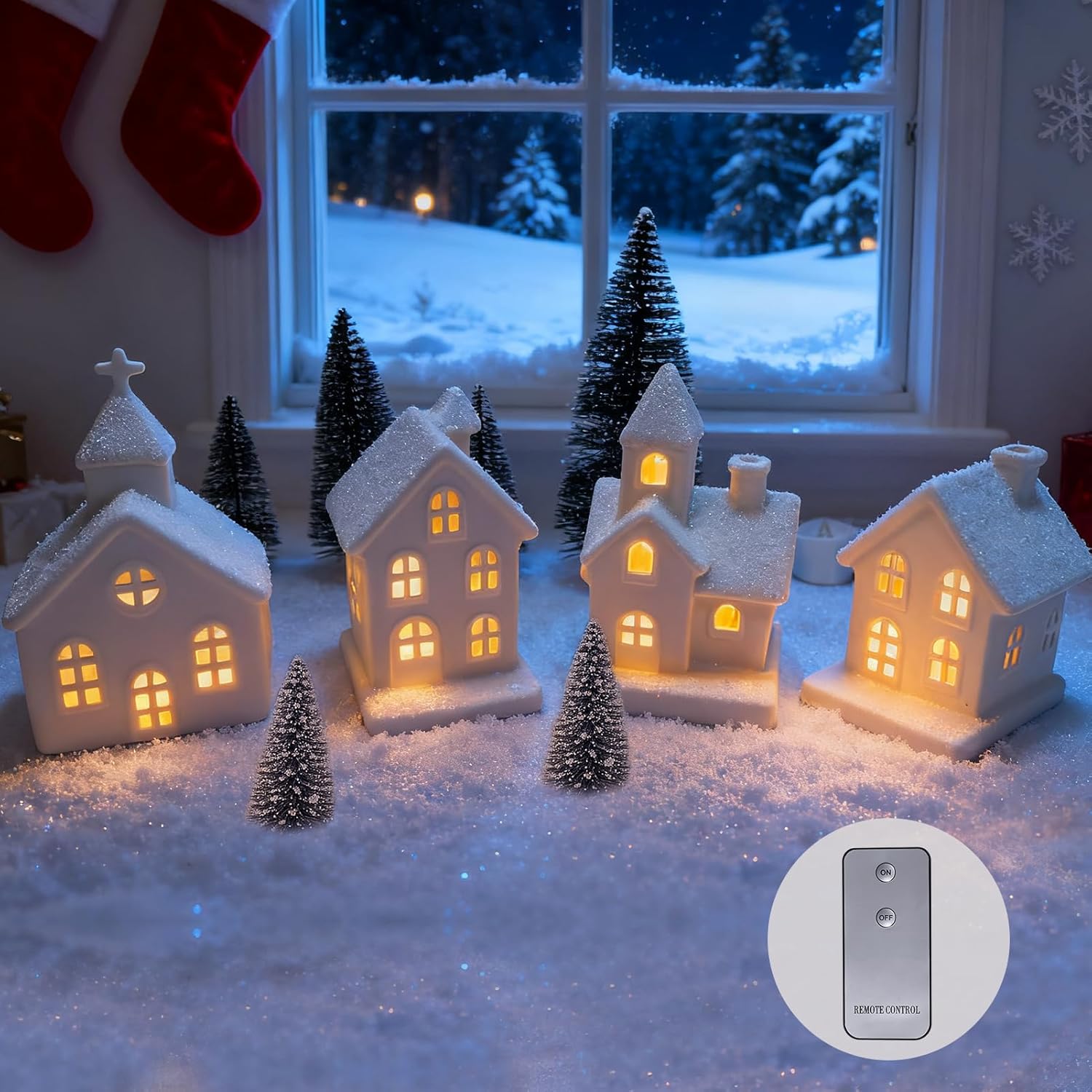 Skiennix Light Up Christmas Village Set - 4 Ceramic Houses & 5 Xmas Trees | Winter White Porcelain Decor