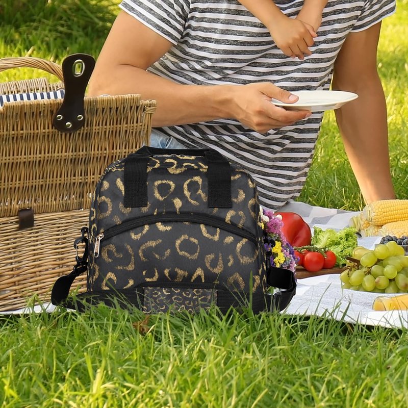 Black Gold Leopard Cheetah Insulated Lunch Bag for Women Men Adult Lunch Tote Bag with Shoulder Strap Reusable Lunch Box Large Containers Thermal Cooler Bag for Work School Picnic Lightweight Handbag