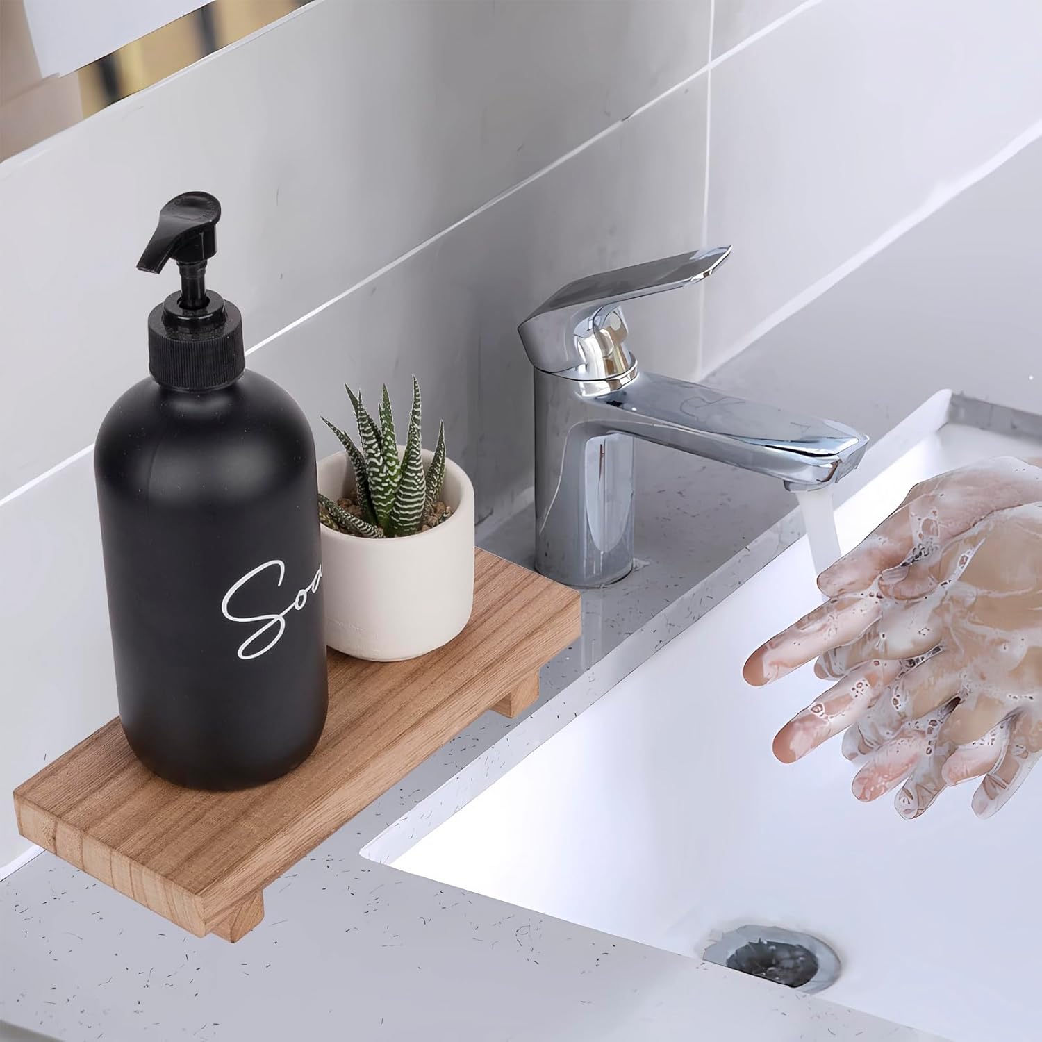Zoocatia Small Wooden Tray Stand - Farmhouse Bathroom Decor & Kitchen Soap Dish Holder - Brown