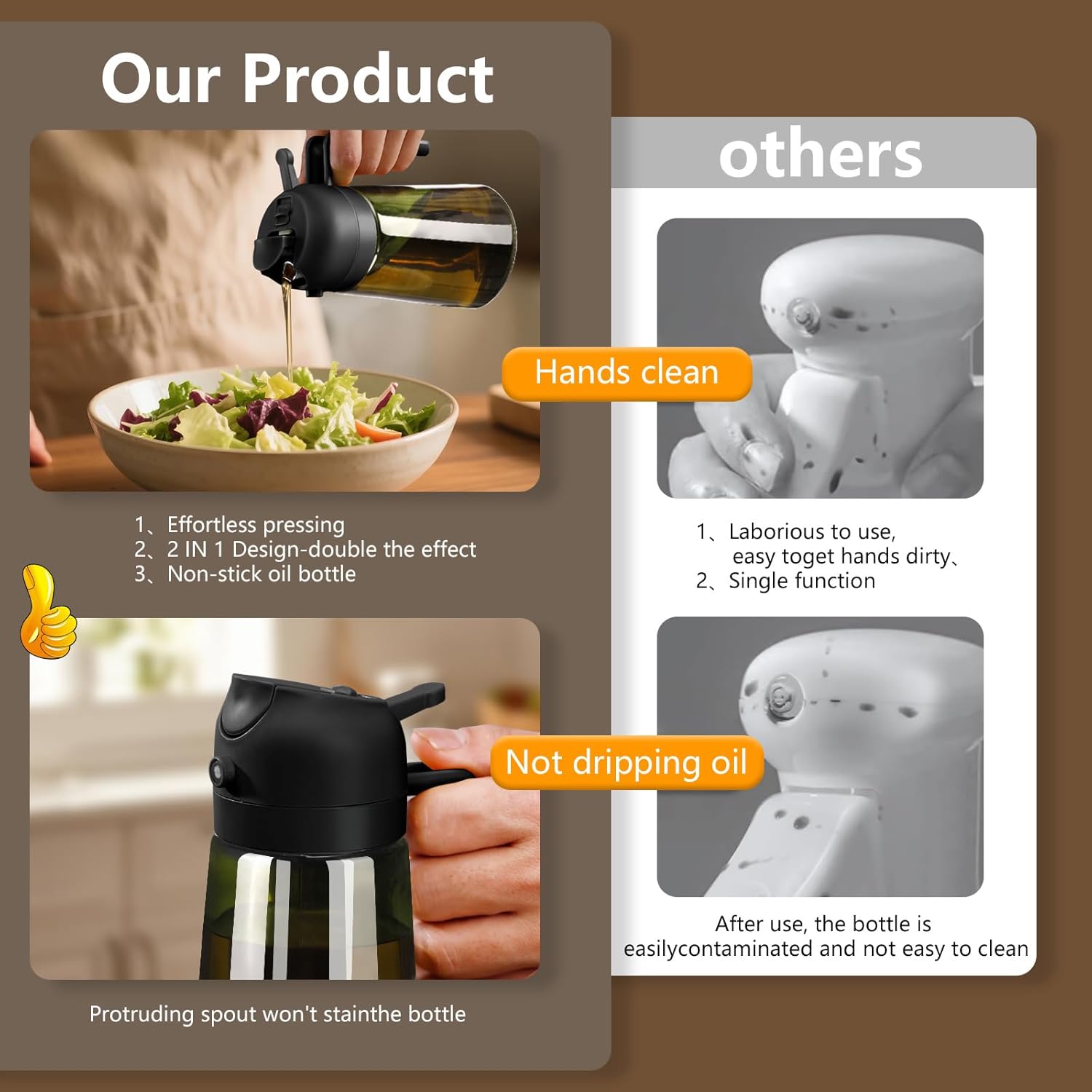 Sweet View Olive Oil Dispenser & Sprayer - 16oz Glass Light-Proof Pourer for Cooking, BBQ & Salad