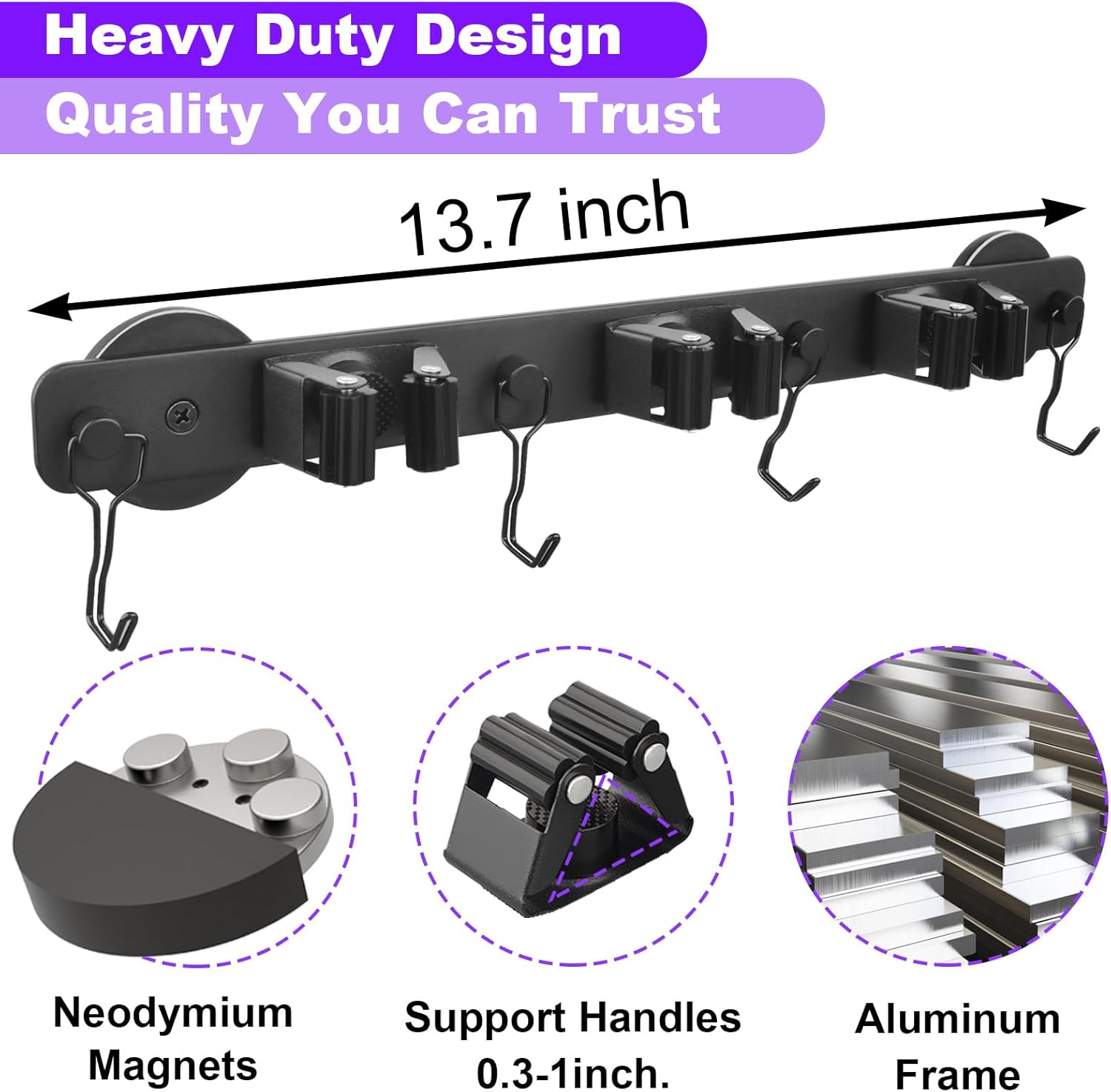 Skiennix Magnetic Mop Holder - Heavy Duty Tool Organizer with Swivel Hooks for Garage & Kitchen