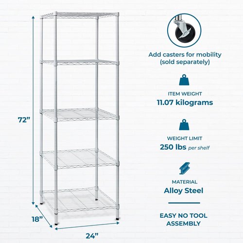 Honey-Can-Do 5-Tier Heavy-Duty Metal Storage Rack - Adjustable Shelves, 250-lb Capacity, White, 18" W x 24" L x 72" H