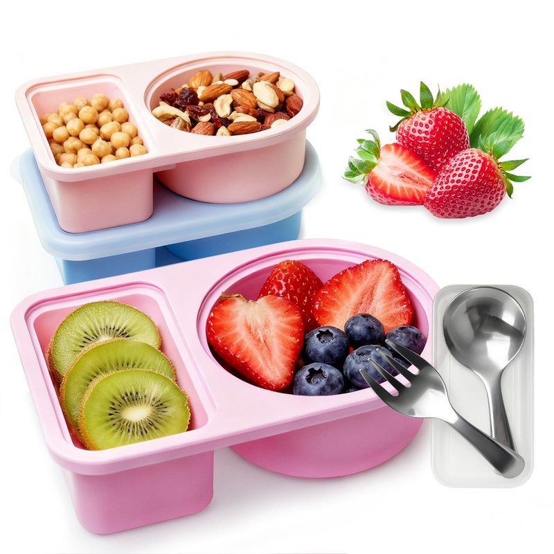 TZona 3 Pcs Reusable Snack Containers With Lids,Silicone Snack Containers,Meal Prep Containers,8 Oz Silicone Lunch Box,Includes 304 Stainless Steel Fork & Spoon(3 Color)
