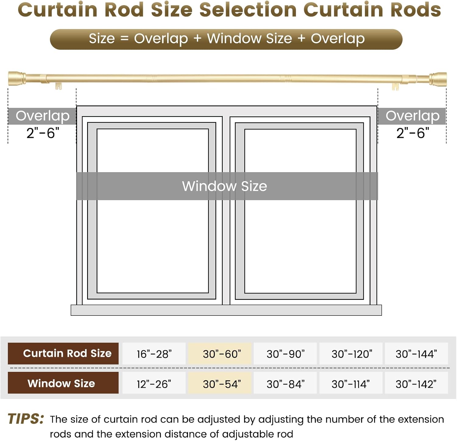 Skiennix Gold Curtain Rod - Heavy Duty Adjustable Telescopic Design | 30-60 Inch for Windows & Sliding Glass Doors