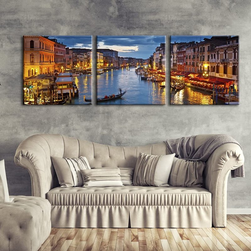 Wieco Art Venice Night 3 Piece Giclee Canvas Prints Wall Art Italy City Skyline Landscape Picture Paintings for Living Room Bedroom Home Decorations Modern Stretched and Framed Cityscape Artwork