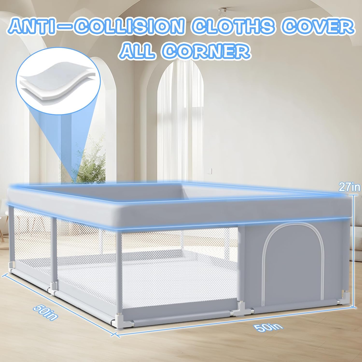 XVISHX Baby Playpen - 50 x 50 Inch Indoor & Outdoor Playard with Soft Breathable Mesh - Grey