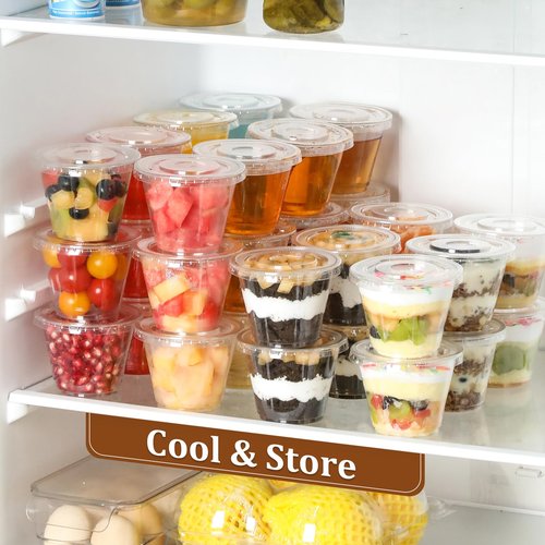 AOZITA 100 Sets, 9 oz Clear Plastic Cups With Flat Lids No Hole, Disposable Cups With Lids for Ice Cream, Pudding, Cake, Snacks Smoothie, Milkshake, Cold Drinks