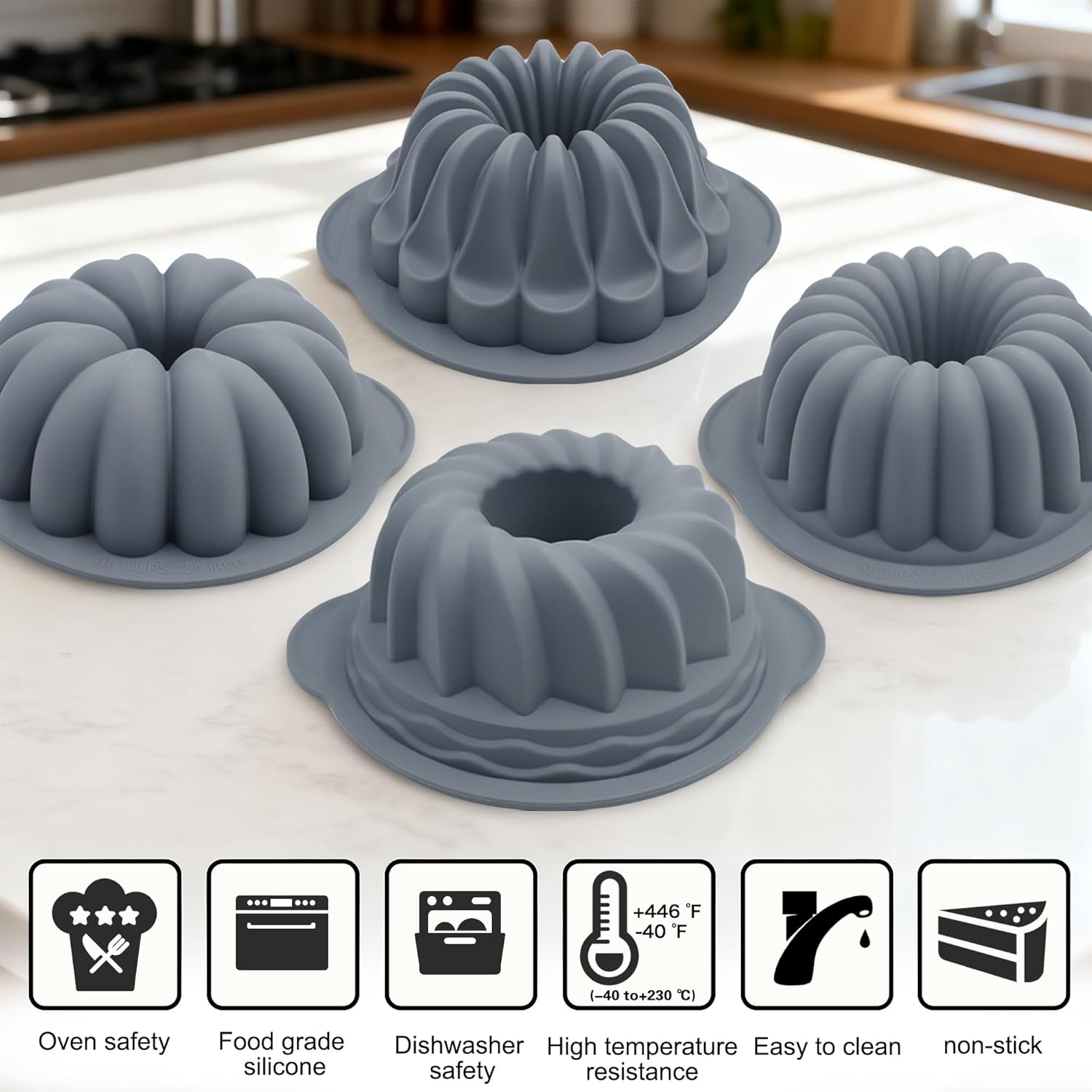 Tongjude Silicone Fluted Tube Cake Pans - 4-Piece Non-Stick Baking Set for Cakes & Jello, Grey