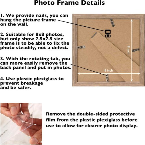 JCJMY 8x8 Picture Frame - Rustic Brown Wall & Tabletop Display | Durable Shatter-Resistant Plexiglass