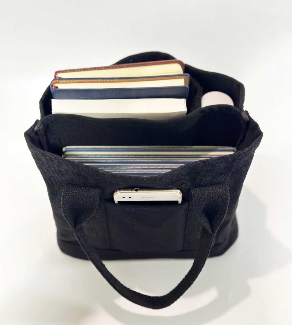 PACEKONER Canvas Tote Bag with Multi Pockets, Heavy Duty Tote, Foldable Shopping Bags, Reusable Grocery Bag for Work School Travel (Black)