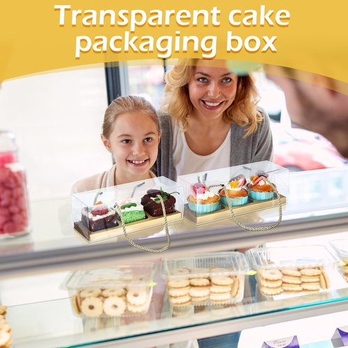 Chiisong 24 Pcs Clear Cupcake Boxes 9 x 3 x 3 Inch Portable Pastry Packaging Portable Gable Boxes with Rope Handle, Inserts 3 Compartments Bakery Take out Containers(Gold)