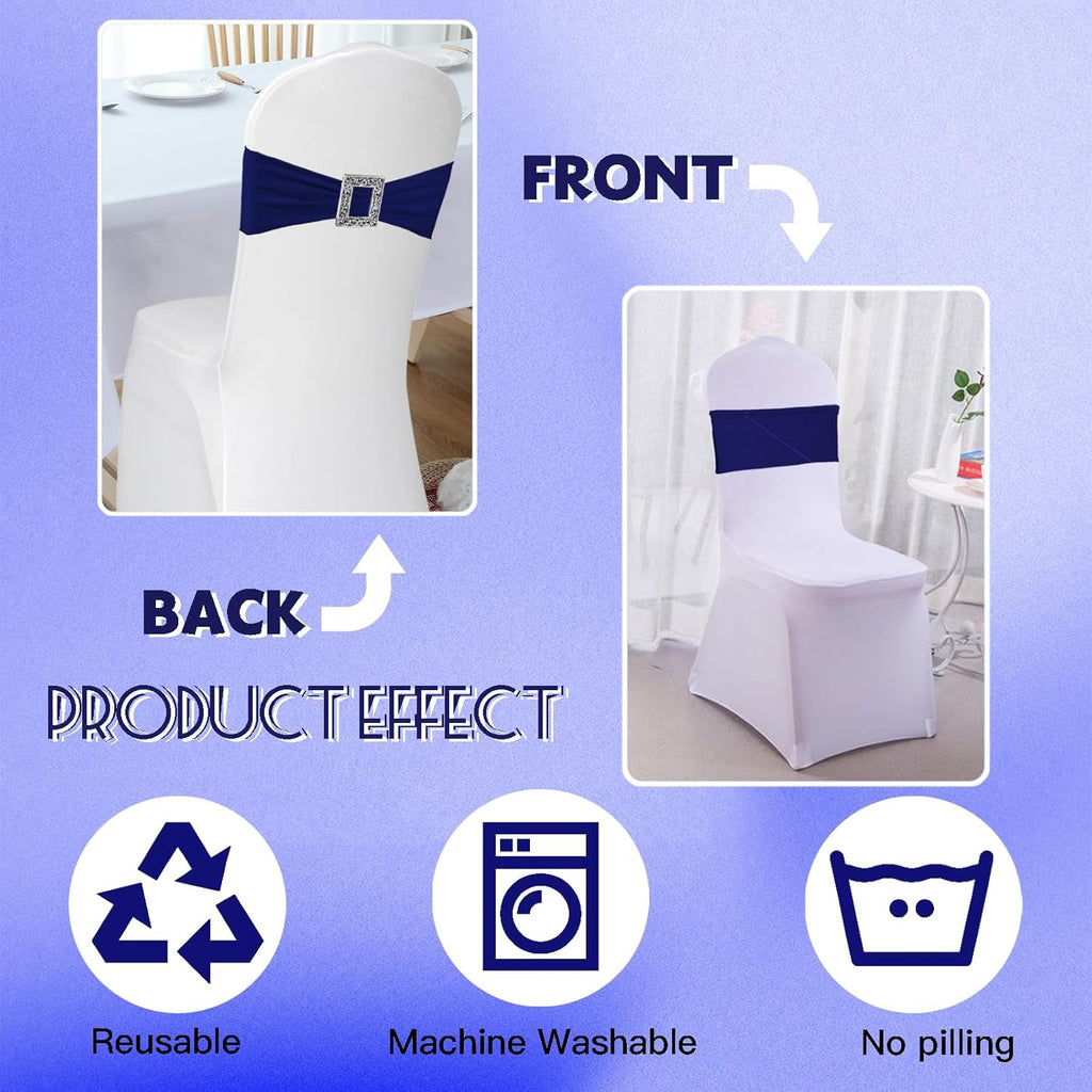 Skiennix Spandex Stretch Chair Sashes - 100 Pack Elastic Covers with Buckle Slider for Weddings & Events | Navy Blue
