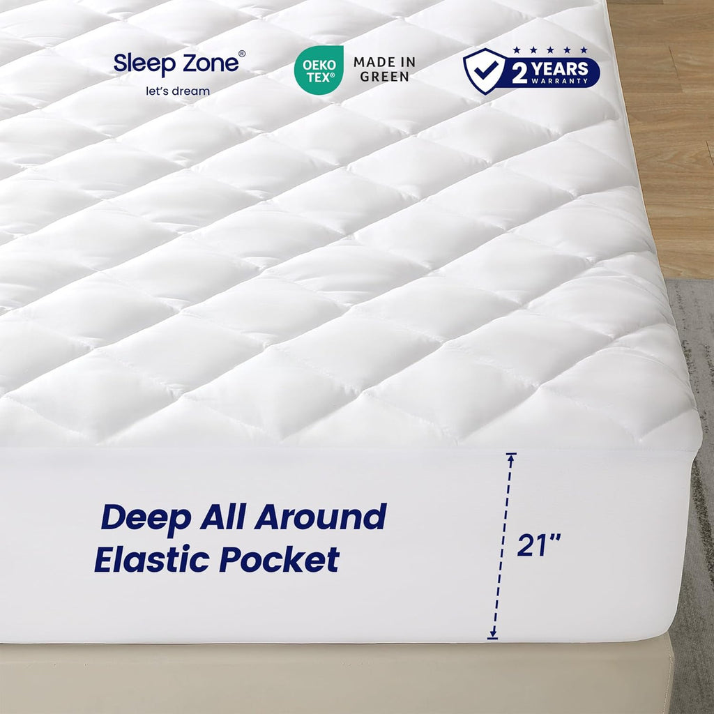 Sleep Zone Mattress Cover - Queen Size Quilted Fitted Protector | Deep Pocket Up to 21 Inches, Breathable White Topper (60x80)