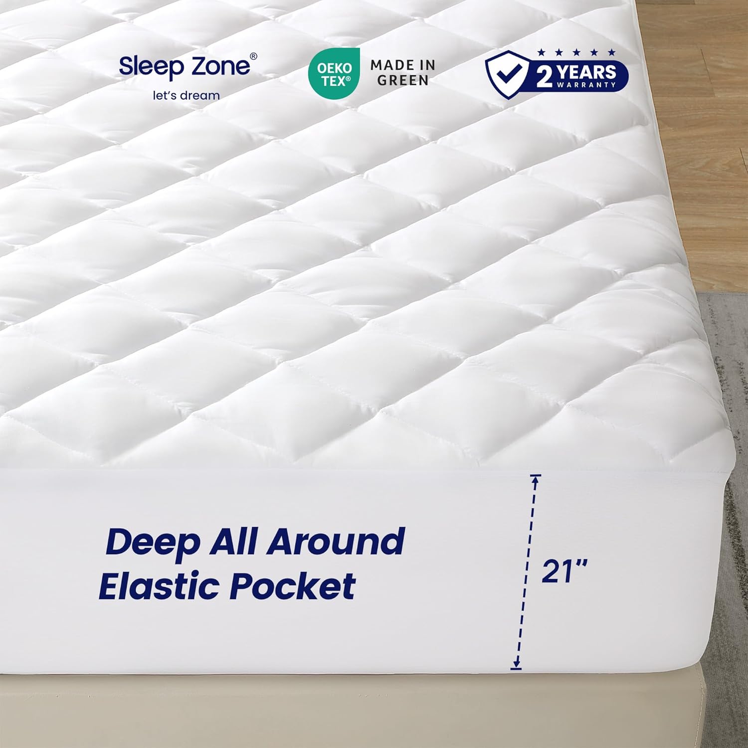 Sleep Zone Mattress Cover - Queen Size Quilted Fitted Protector | Deep Pocket Up to 21 Inches, Breathable White Topper (60x80)