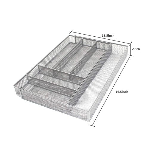 JANE EYRE Utensil Drawer Organizer - Expandable Cutlery Tray, Silverware/Flatware Storage Divider for Kitchen, Mesh Designing with Non-slip Rubber Feet (Silver)