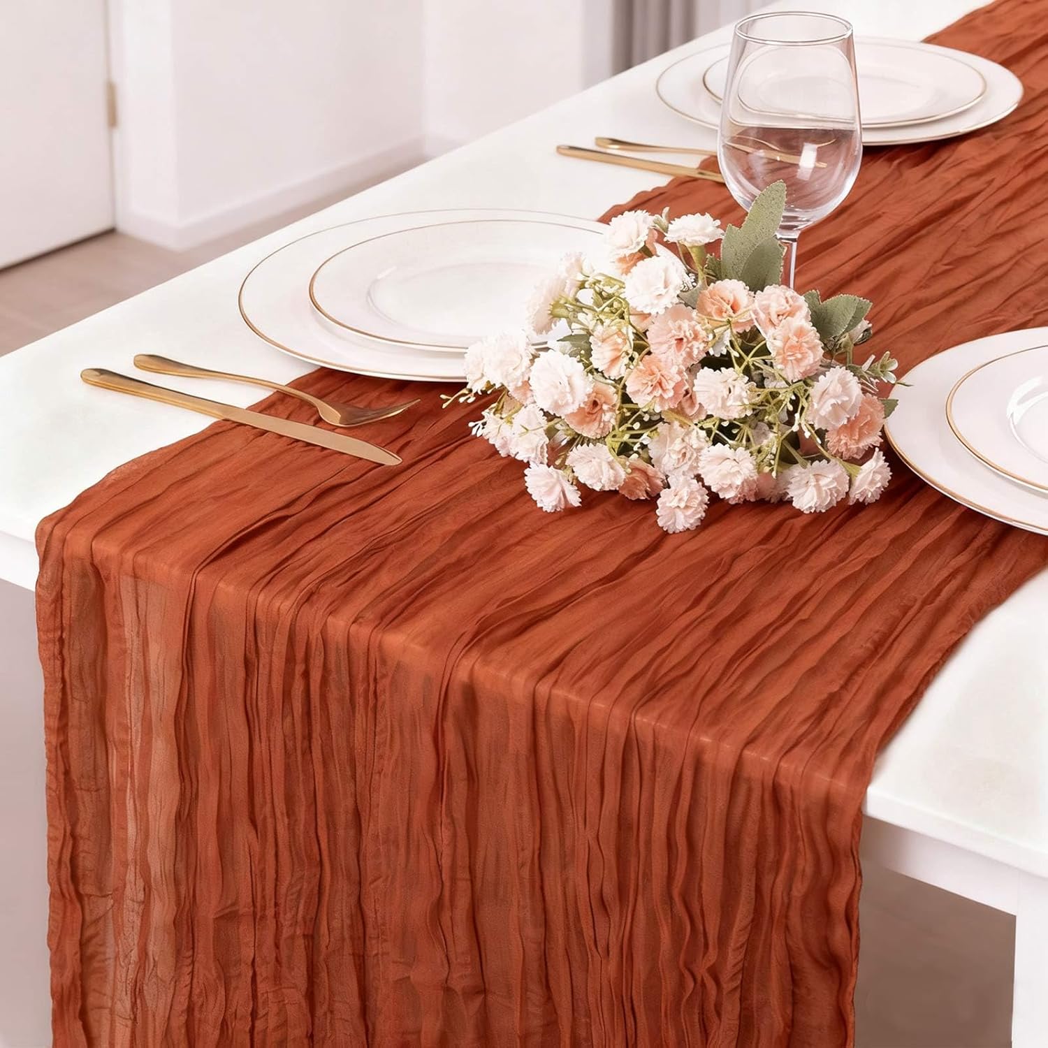 Terracotta Cheesecloth Table Runner - 13.3Ft Burnt Orange Boho Rustic Decor for Weddings & Holidays