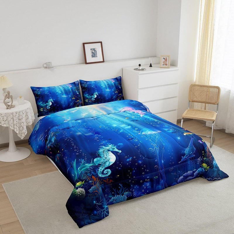 Feelyou Seahorse Comforter Set Twin Size Kids Marine Animals Comforter for Boys Girls Teens Jellyfish Bedding Set Underwater Animal Duvet Set Marine Life Sealife Quilt