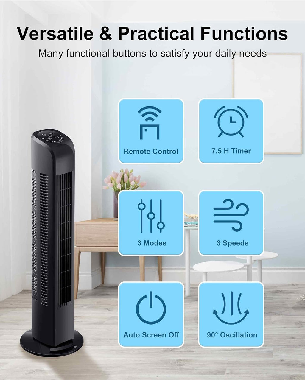 Uthfy Oscillating Tower Fan - Quiet Bladeless Electric Fan with Remote | 30-Inch Black Design for Home & Office