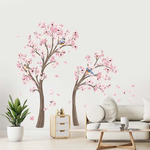 Decalmile Large Cherry Blossom Tree Wall Decals Pink Flower Branch Wall Stickers for Living Room Bedroom Baby Nursery Decor (Tree H: 67 Inch)