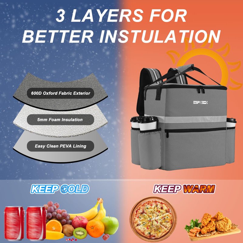ESPXBOX Food Delivery Backpack with 4 Cup Holder, Insulated Pizza Delivery Bag for Delivery Bike, Large Leakproof Delivery Bags for Hot/Cold Food for Uber Eats, Doordash, Postmates（Gray）